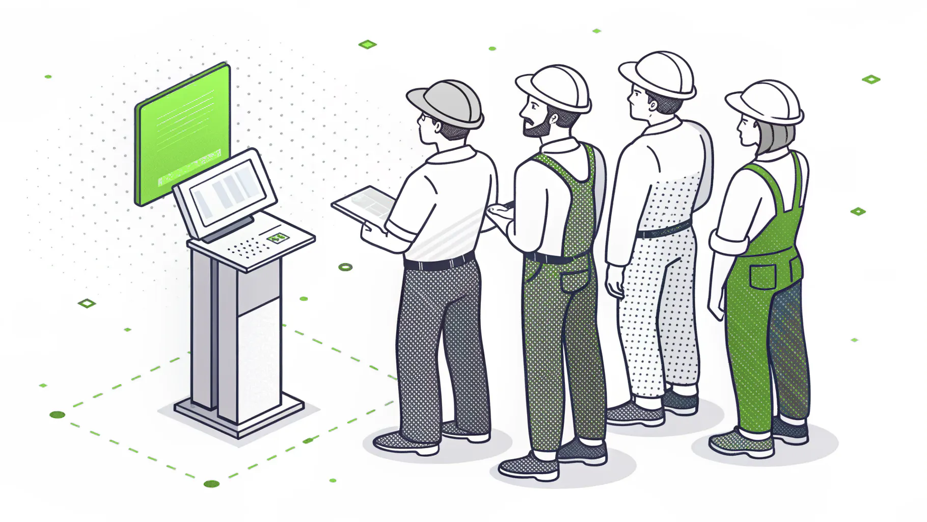 Four warehouse workers queuing to use one shared computer terminal, the case where billable headcount and real user count diverge