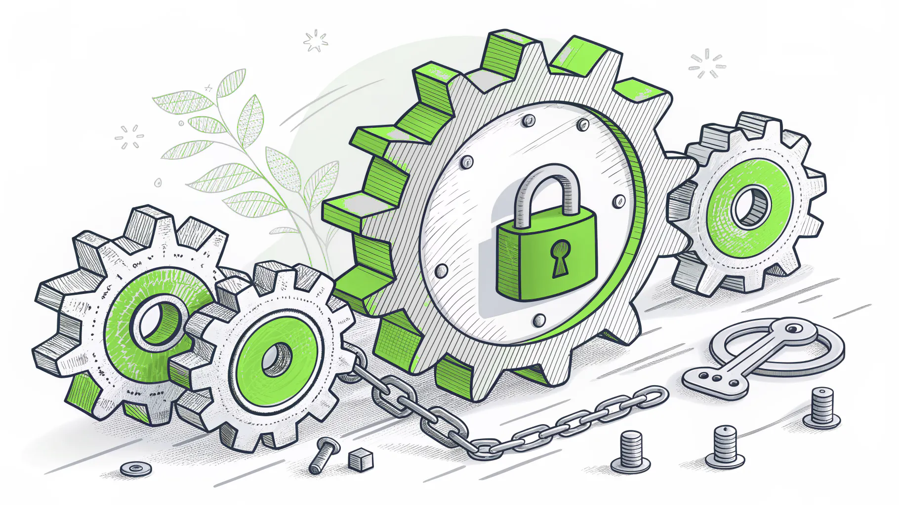 Industrial gears locked in place by a green padlock and chain, representing a production line stopped by ransomware