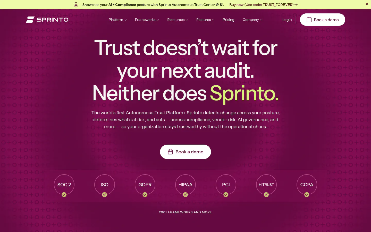 Sprinto homepage screenshot, captured August 12, 2026