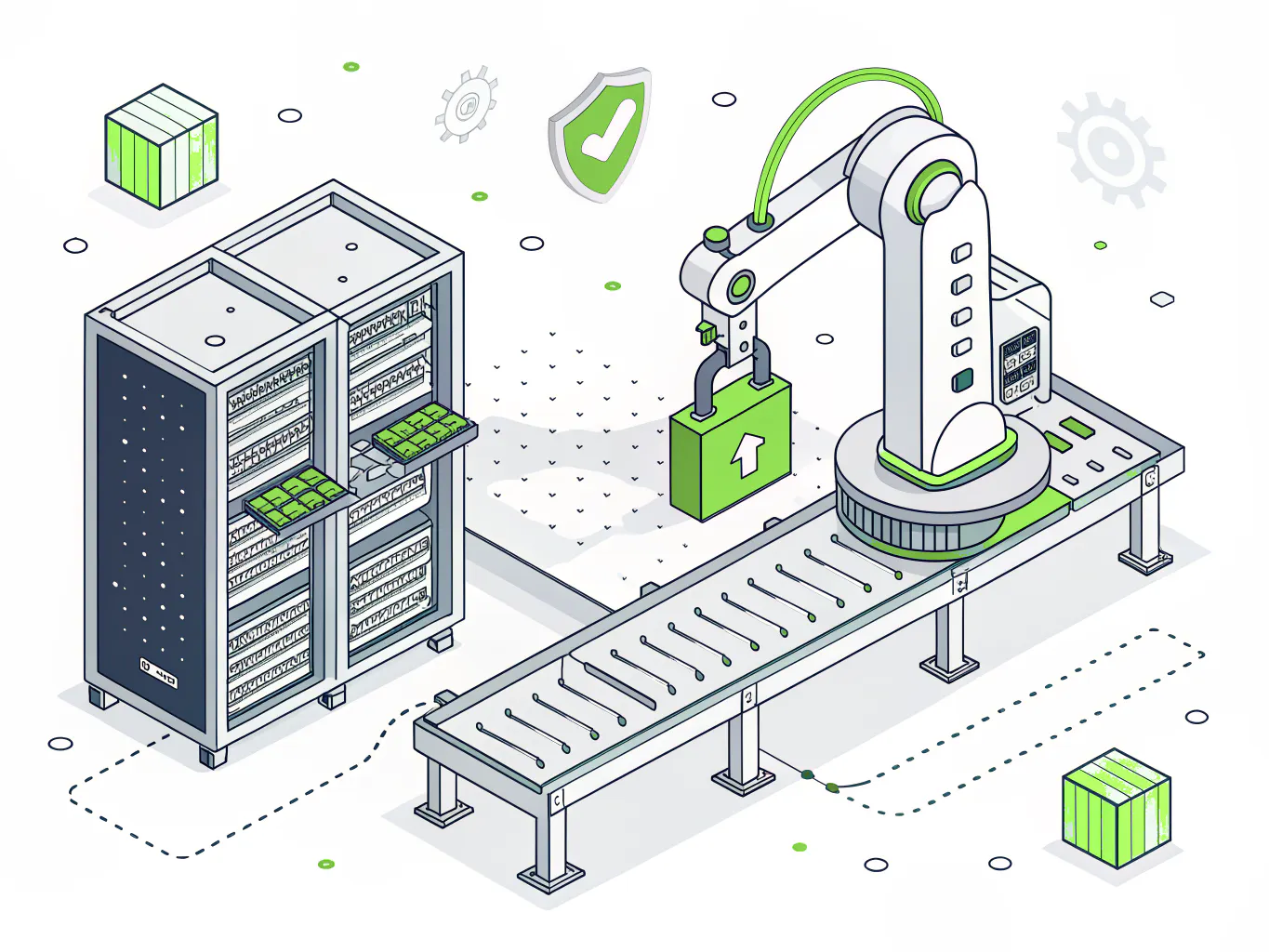 Robotic arm on a conveyor beside a server rack with a green padlock between the production and IT sides