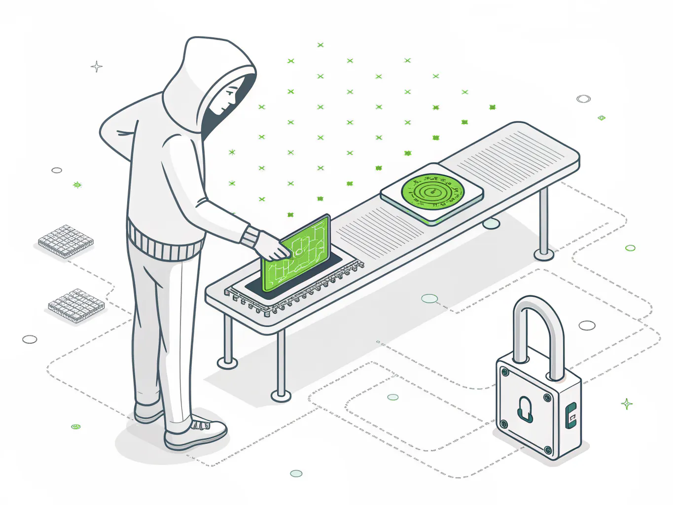 Line illustration of a hooded figure reaching toward a semiconductor wafer on a conveyor belt beside an open padlock