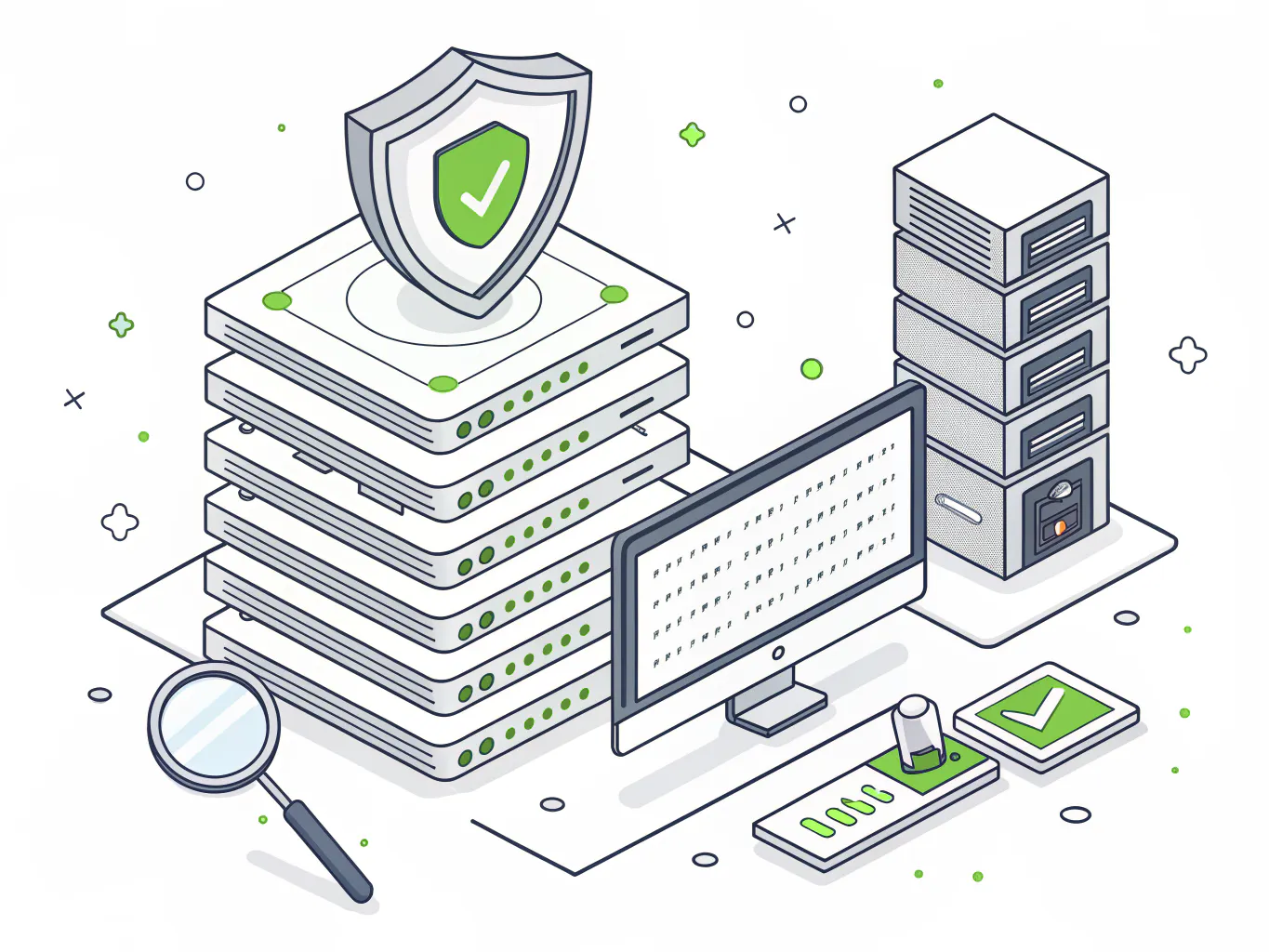 Line illustration of layered shield plates above a server rack with a monitoring screen and a magnifying glass