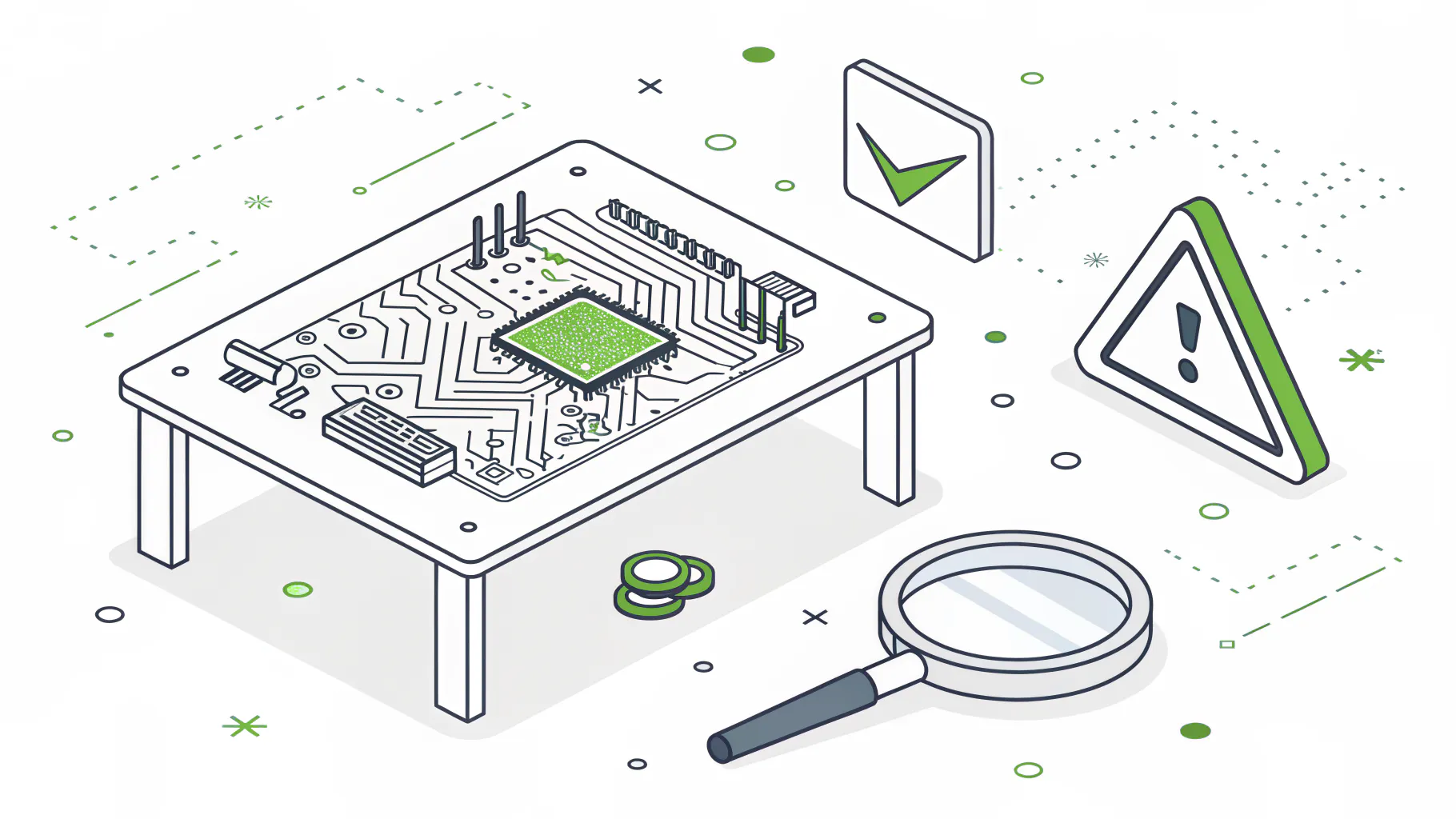 Isometric illustration of a magnifying glass and a warning triangle beside a circuit board on a workbench, representing the threat profile specific to PCB and electronic component manufacturers