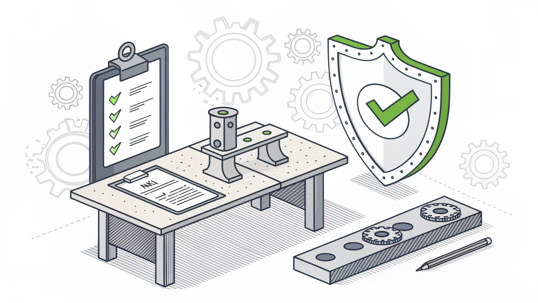 A defense parts workbench with a machined bracket, a paper job traveler, and a checklist, guarded by a shield with a checkmark