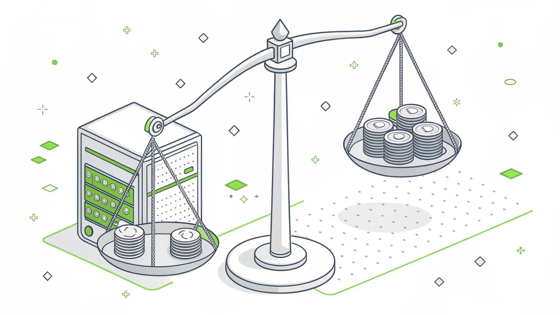 Balance scale weighing coins against a server, representing DLP total cost of ownership
