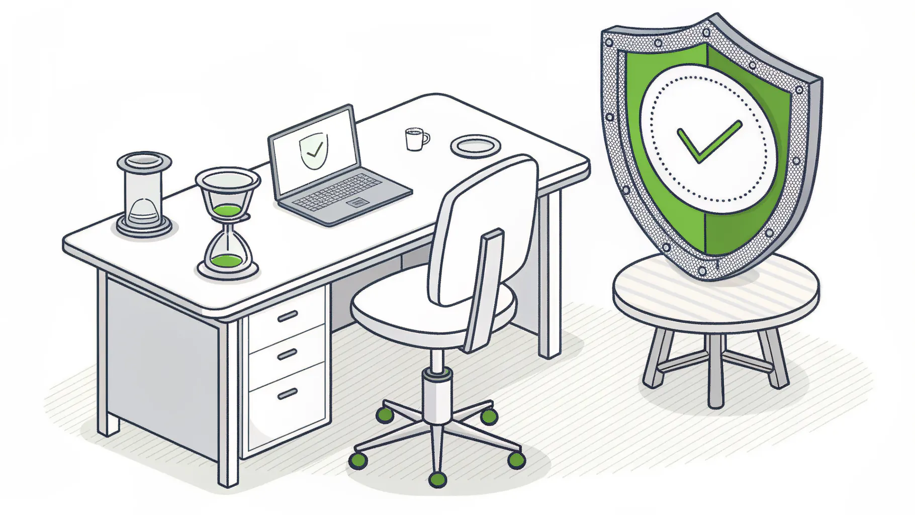 A dedicated desk and chair with hourglasses on it beside a large security shield on a small round table, representing a full-time CISO versus a part-time vCISO