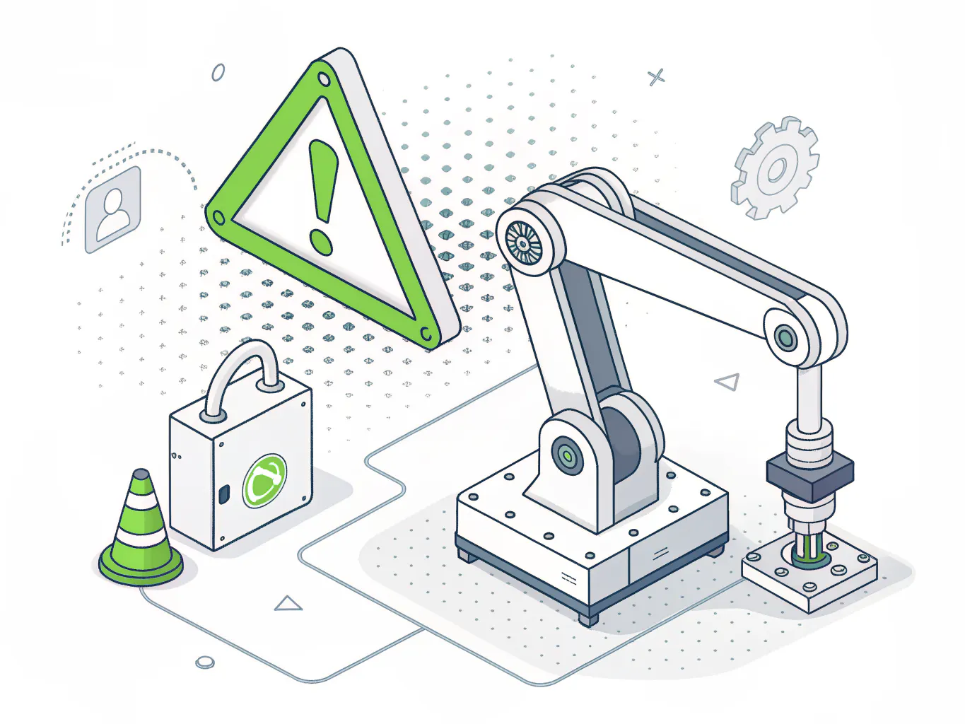 Line illustration of a factory robot arm with a warning triangle above it and an open padlock beside it