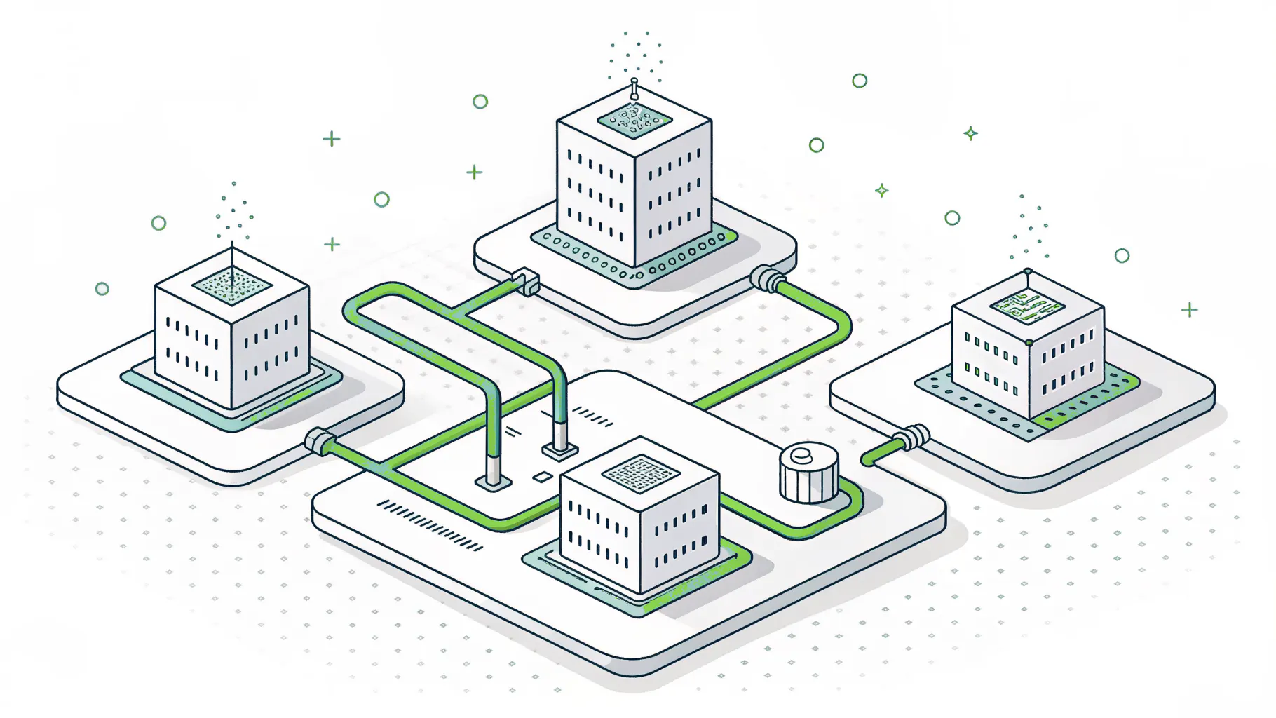 Isometric illustration of separated platforms linked by controlled pipes with boundary devices on each link, representing IEC 62443 zones and conduits in an electronics manufacturing plant