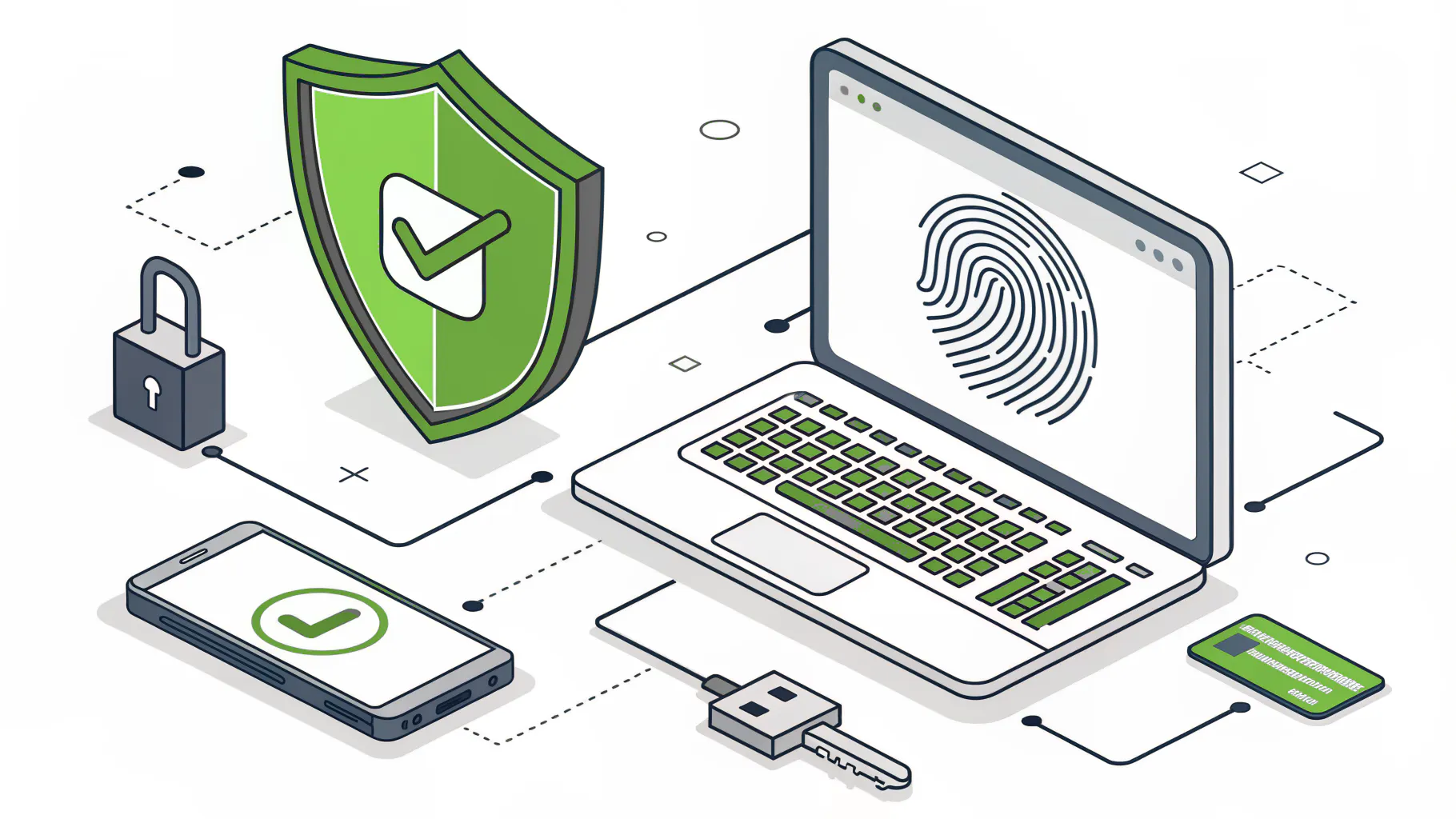 A smartphone, laptop, and security key connected together, representing passwordless sign-in with passkeys