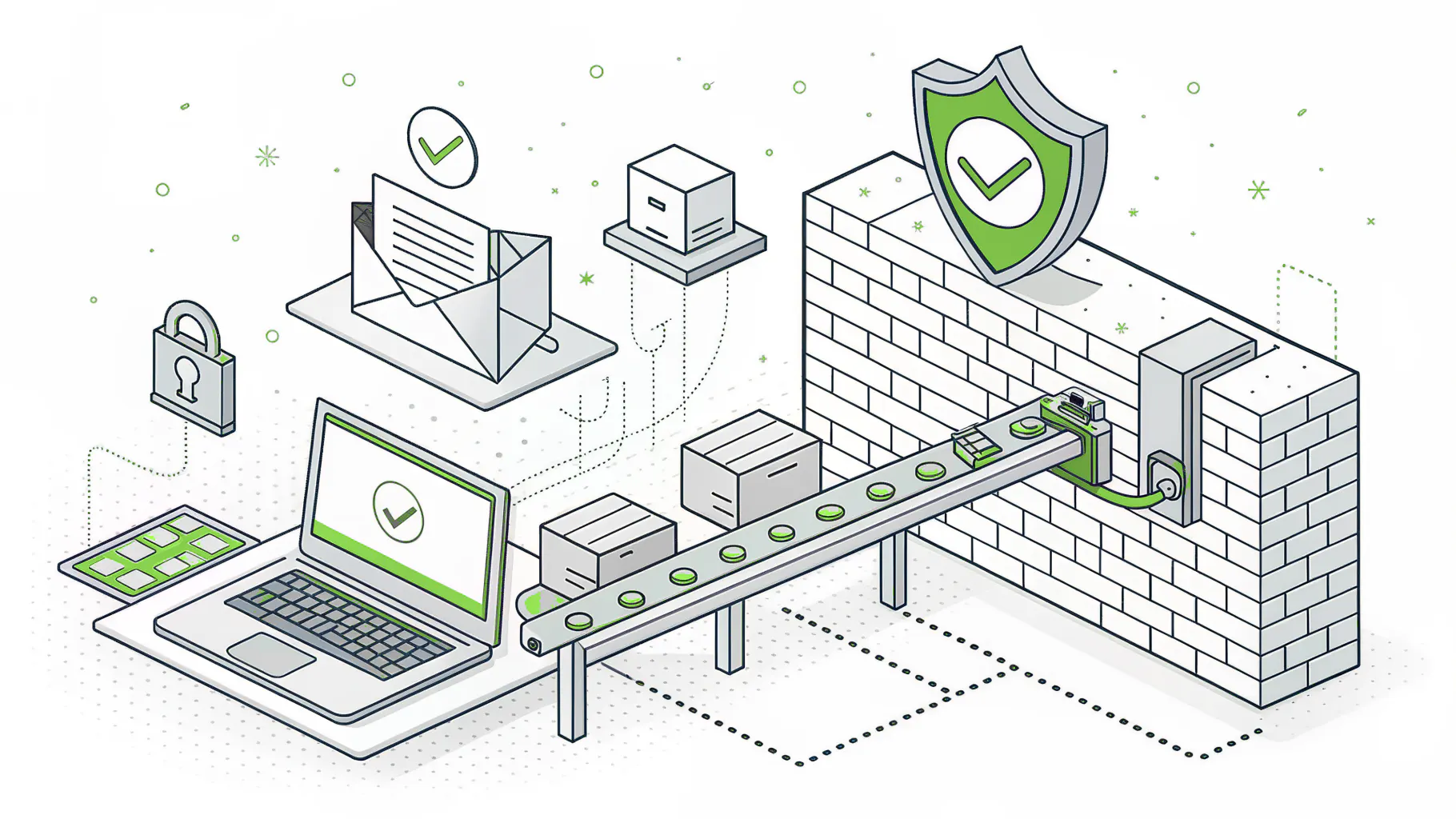 An office laptop and email on one side and a warehouse conveyor on the other, separated by a firewall wall with a security shield, representing a separate network for warehouse equipment