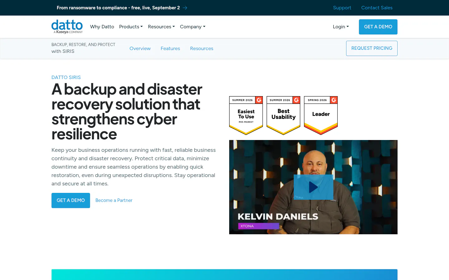 Datto SIRIS homepage screenshot, captured August 12, 2026
