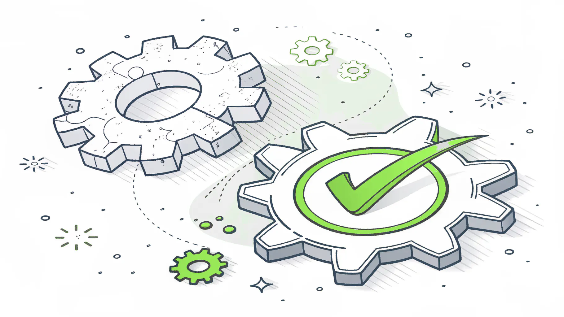 A cracked, stopped gear beside smoothly meshed gears with a green check mark, representing reactive versus proactive IT