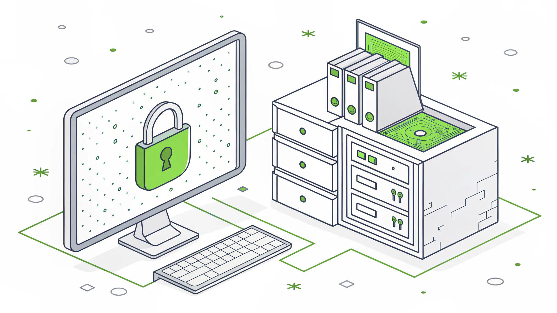 Isometric illustration of a padlock on a monitor beside a filing cabinet holding binders and a circuit board, representing access controls on Gerber files and other PCB design data