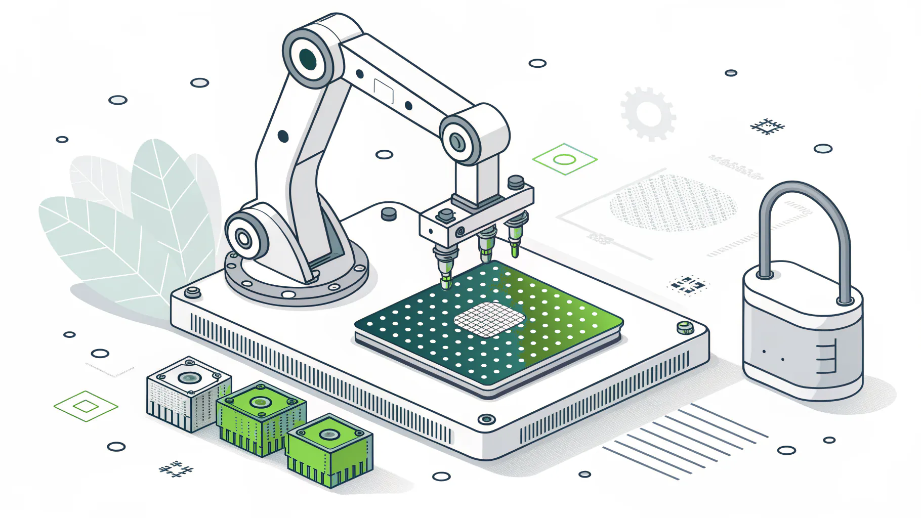 Isometric illustration of a fab tool with a robotic arm handling a silicon wafer next to a padlock, representing the NIST IR 8546 Semiconductor Manufacturing Community Profile