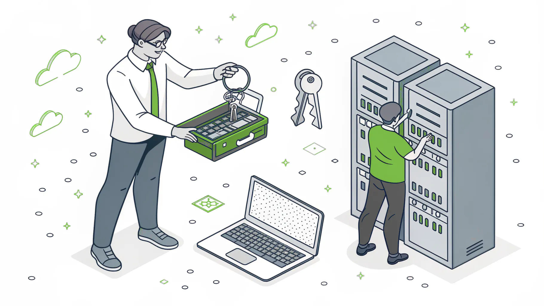 A business owner keeping the keys while handing the toolbox to an IT technician, representing what stays in-house when you outsource IT