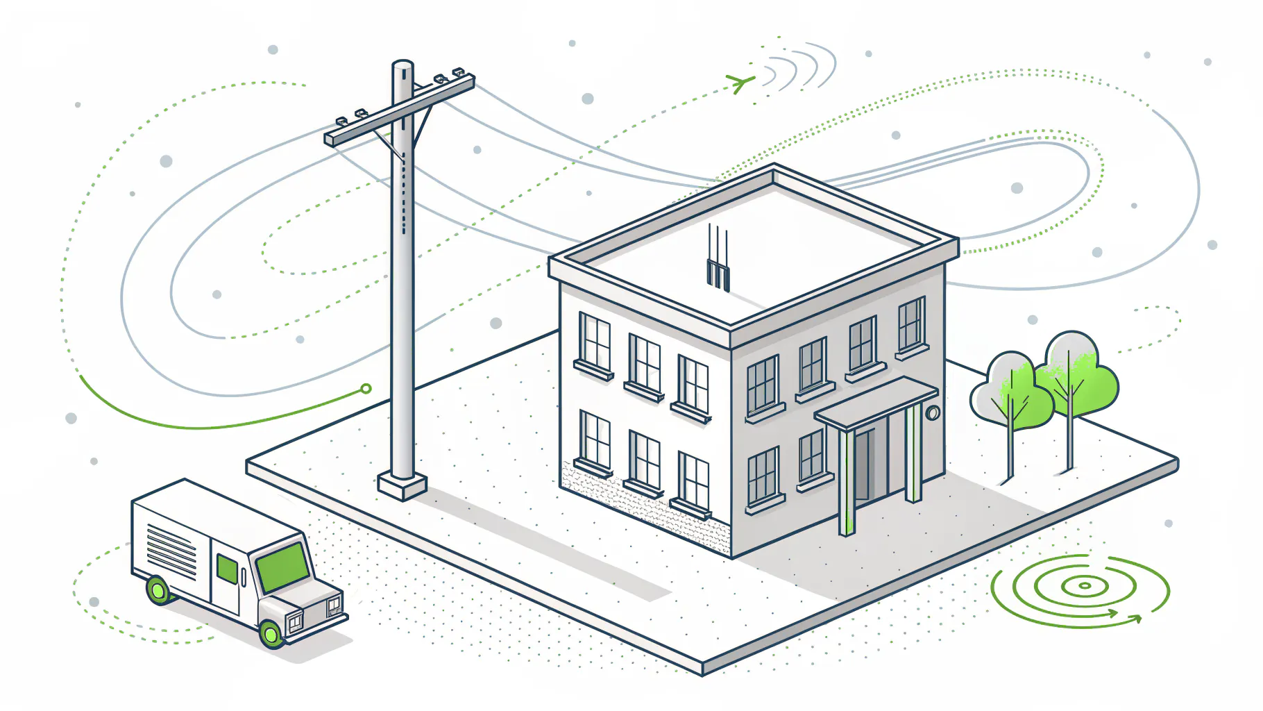 An office building fed by a single power line and utility pole in high wind, representing power and internet single points of failure