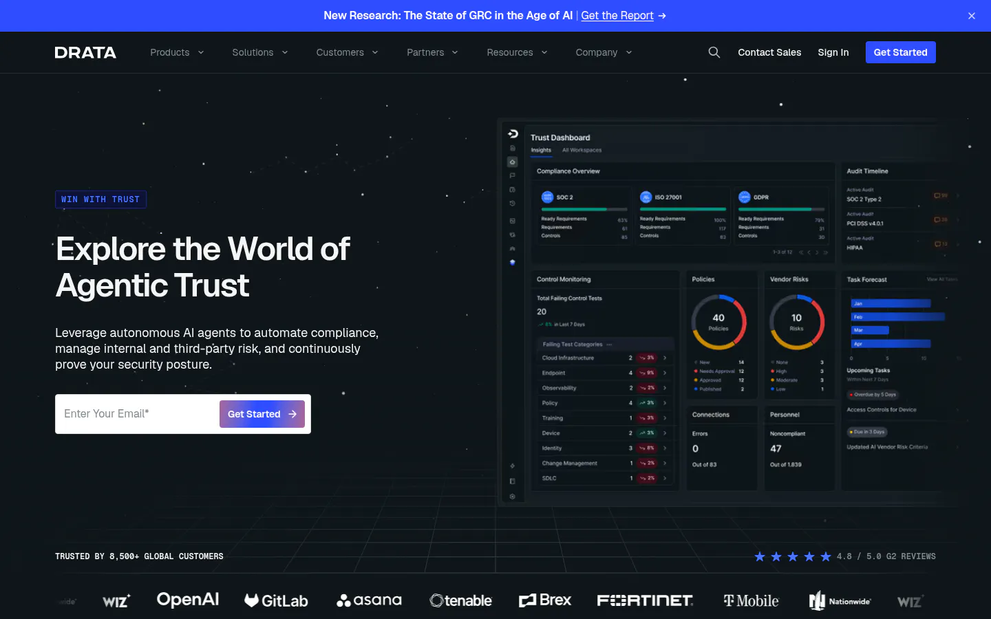 Drata homepage screenshot, captured August 12, 2026