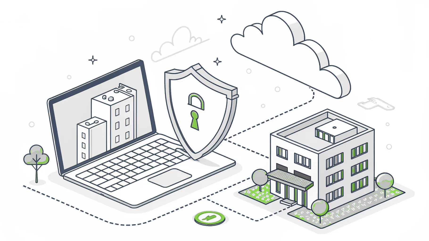 Shield protecting a laptop and an accounting firm office connected to the cloud, managed IT for accounting firms