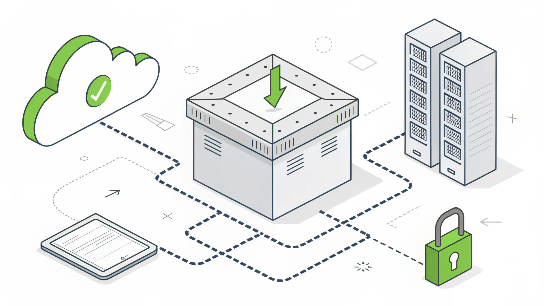A storage box linked by dotted paths to a cloud on one side and on-site backup servers on the other, representing BaaS vs traditional backup