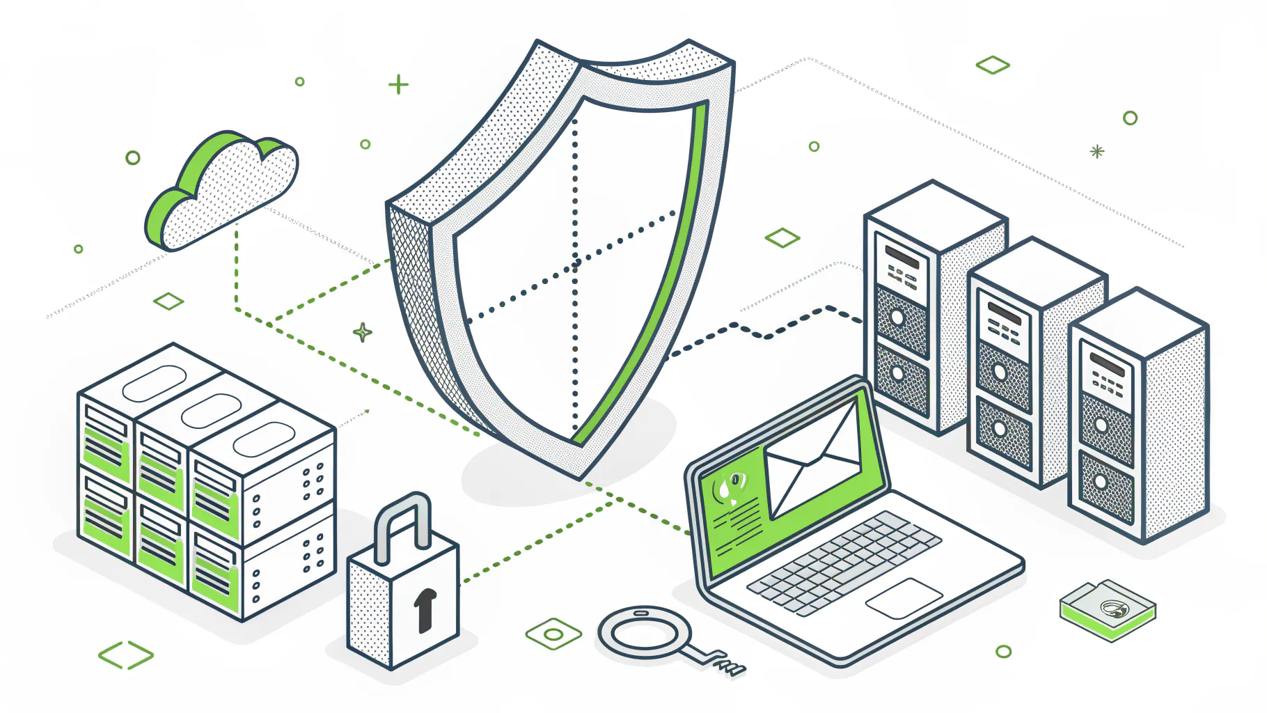 Isometric illustration of a shield protecting servers and documents, with an envelope, laptop and storage device outside its boundary