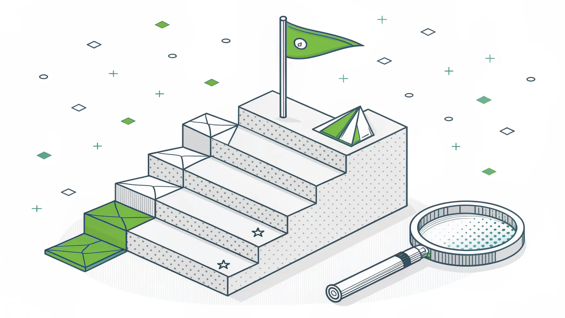 Isometric illustration of four ascending steps with a flag on the top step and a magnifying glass beside the lowest step, representing the four NIST CSF 2.0 implementation tiers