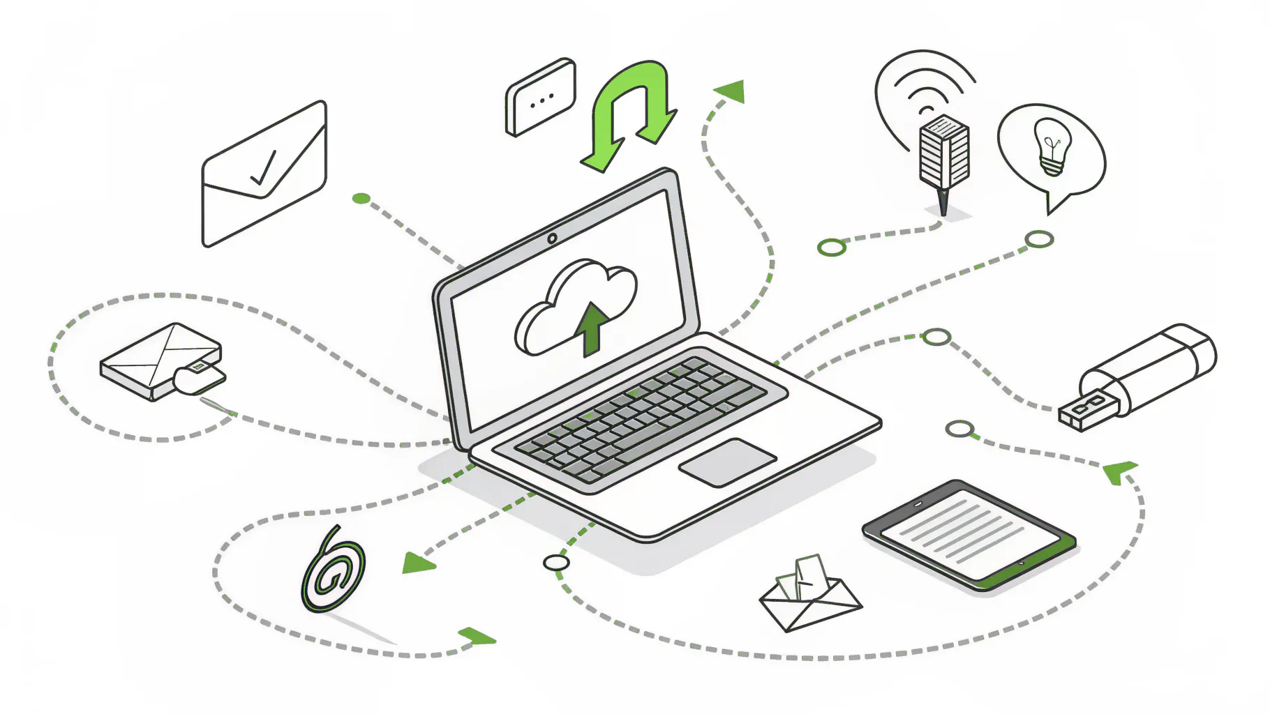 A laptop with company data leaving through six paths to AI tools