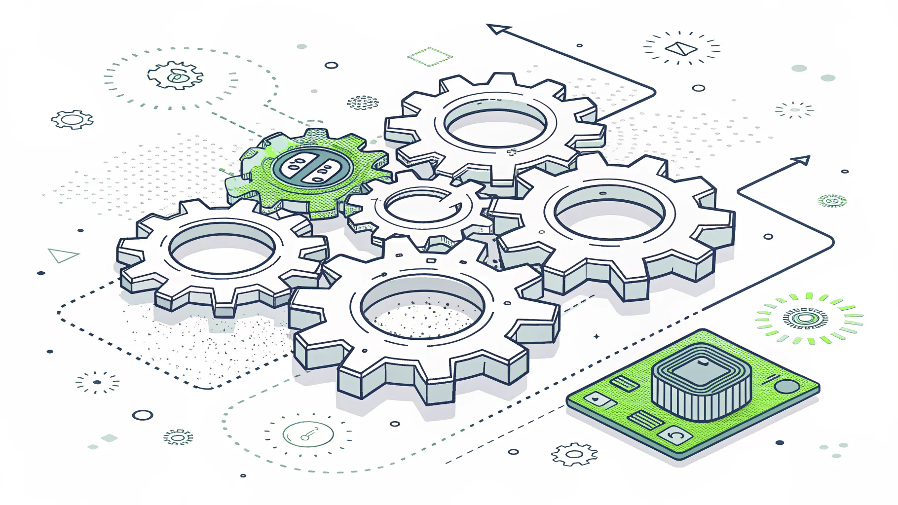 Isometric illustration of interlocking gears turning together beside a circuit board, representing the six core functions of NIST CSF 2.0 working as one system