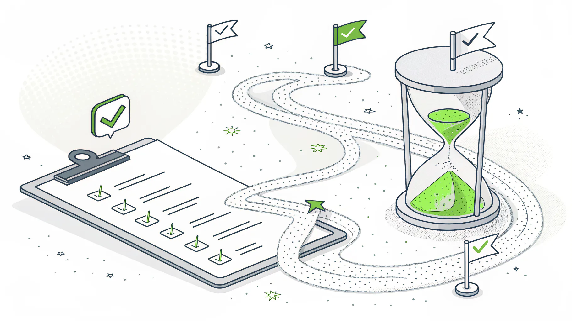 Isometric illustration of an hourglass, a checklist clipboard and milestone flags along a winding path, representing a 12 to 18 month IEC 62443 implementation timeline