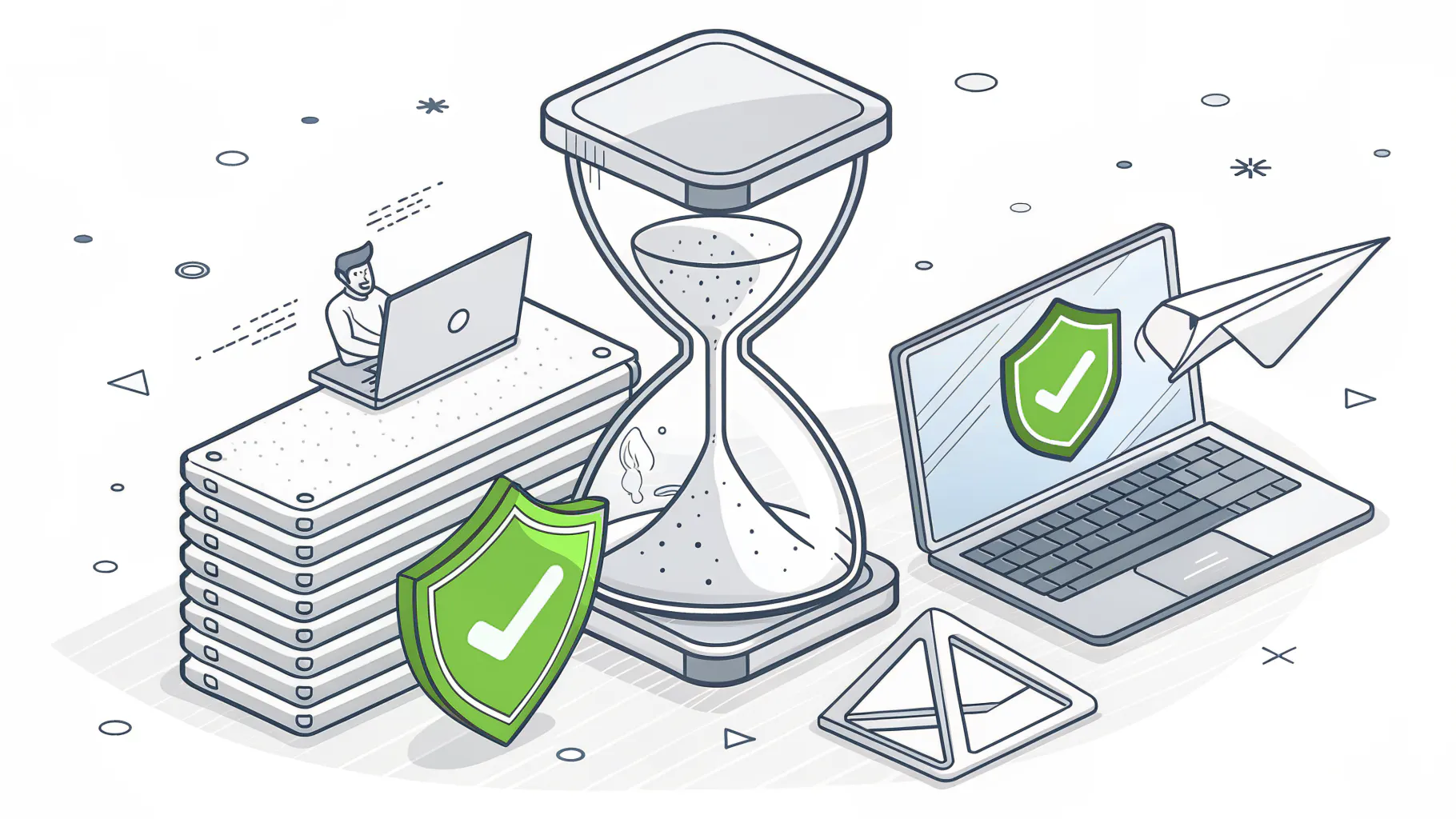 An hourglass beside a stack of laptops, a warning triangle, and green security shields, representing end-of-support and renewal deadlines on a technology roadmap