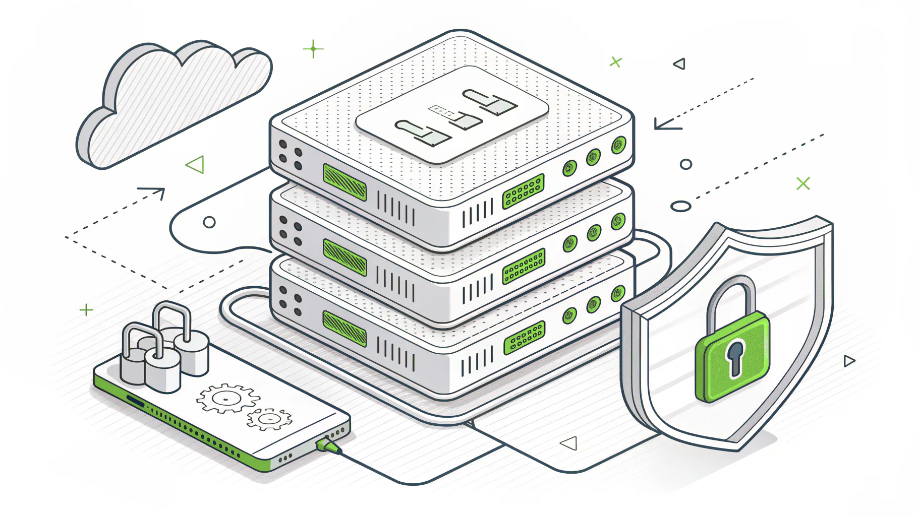 Isometric illustration of stacked cloud configuration panels with one padlock left open