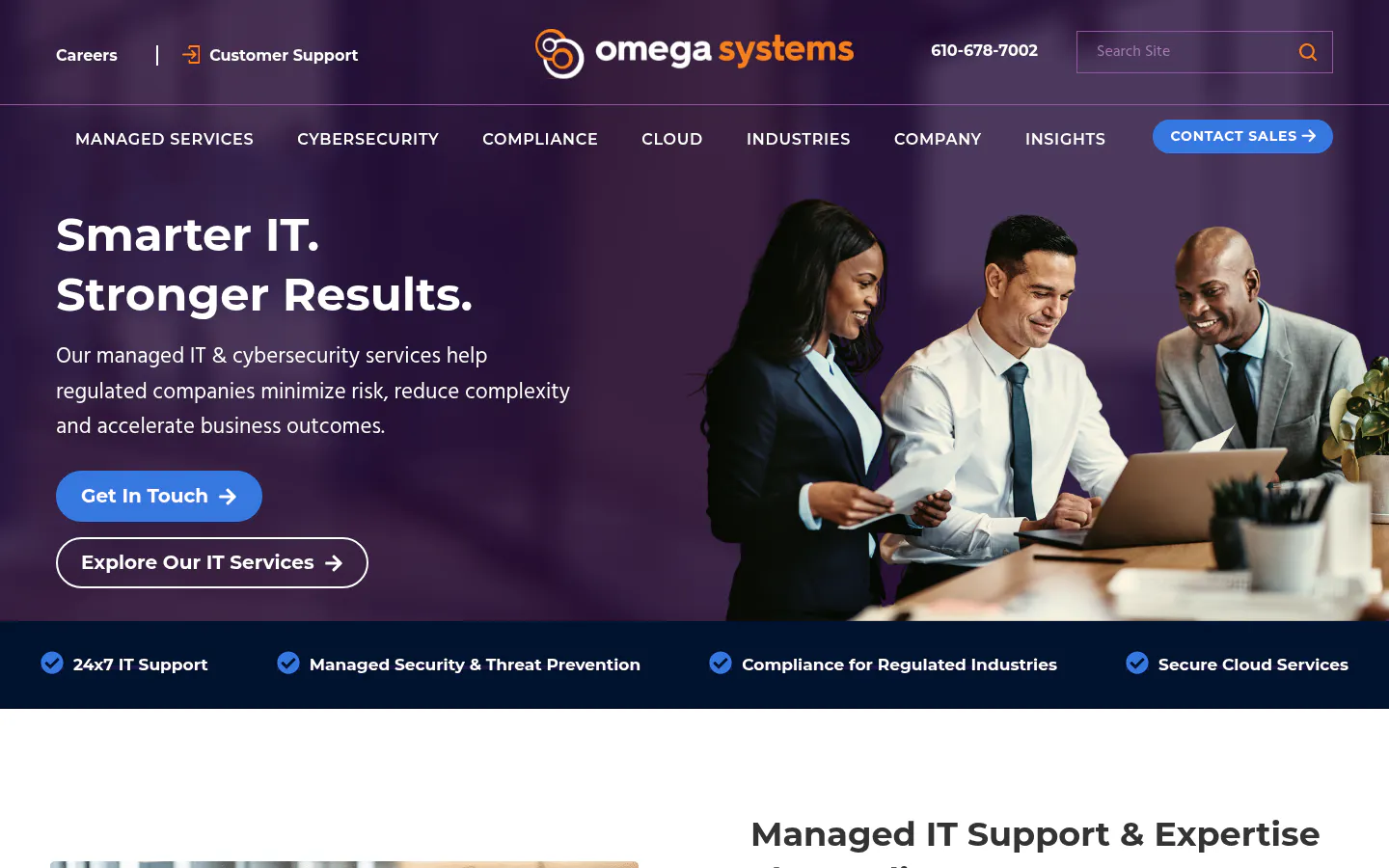 Omega Systems homepage, managed IT and cybersecurity for regulated industries