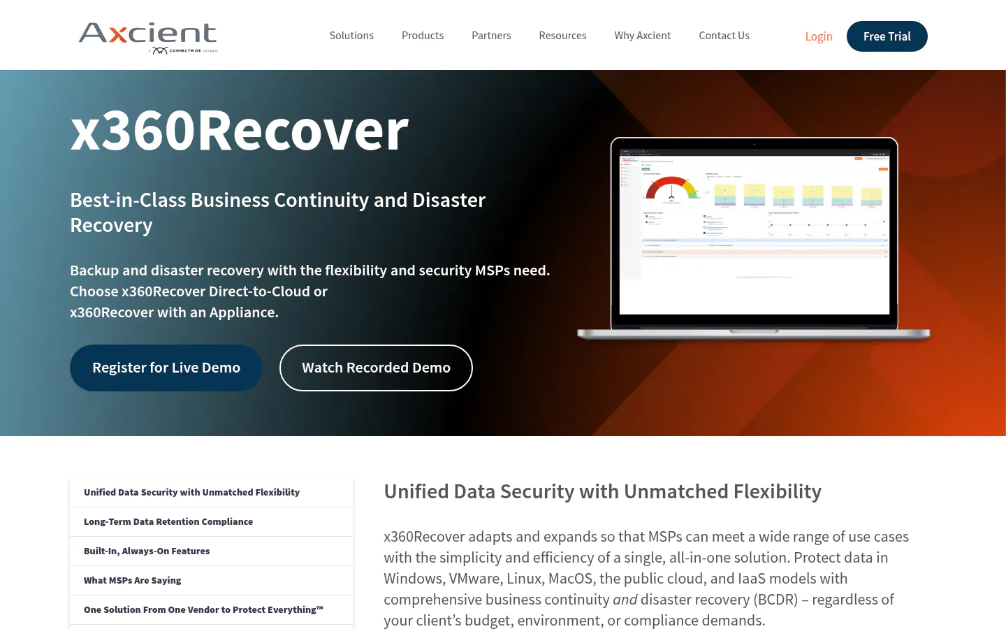 Axcient x360Recover homepage screenshot, captured August 12, 2026