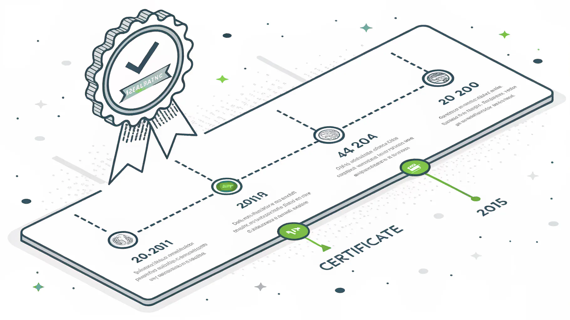 Isometric horizontal timeline with four milestone markers ending in a certificate badge, representing the ISO 27001 certification phases
