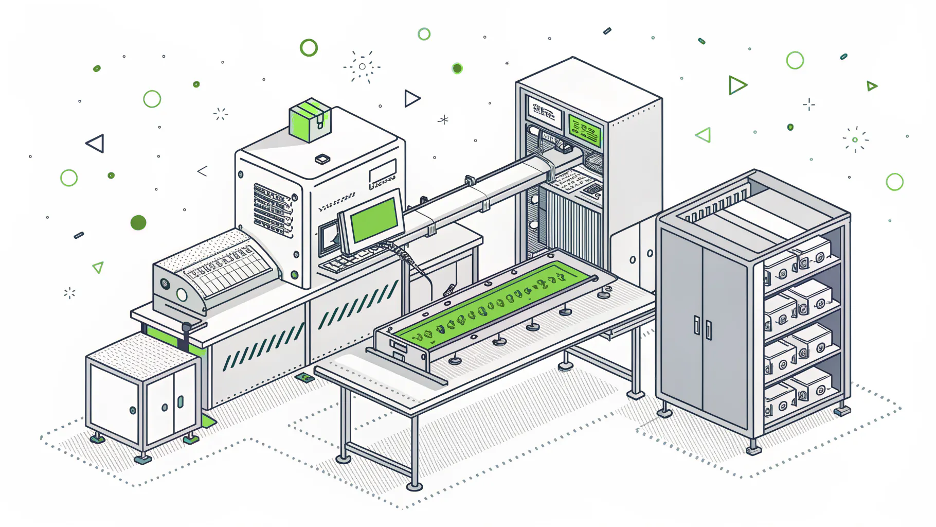 Electronics assembly line with a pick and place machine and inspection station cabled to a network switch and server cabinet, showing the production floor as part of the IT environment