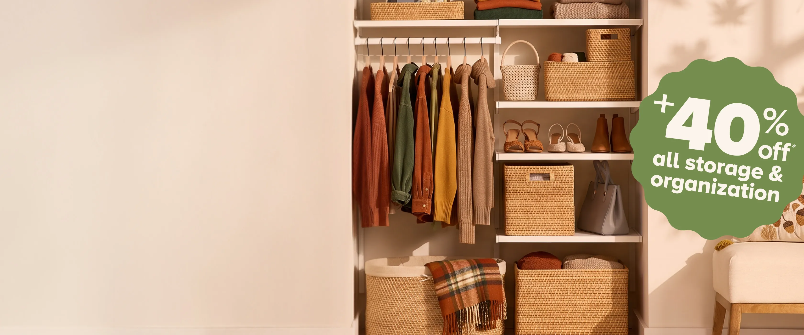 Elfa Closet with Water Hyacinth Bins