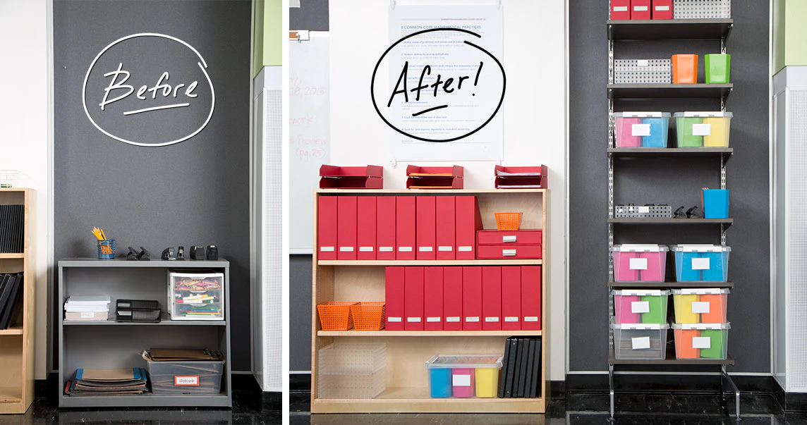 <p>An elfa freestanding unit takes the place of a basic bookshelf and maximizes vertical space to hold supplies in our Smart Store System. Labels make it easy for kids to find supplies. <a href="https://www.containerstore.com/blog/posts/a-organization">Get the details</a>. </p>