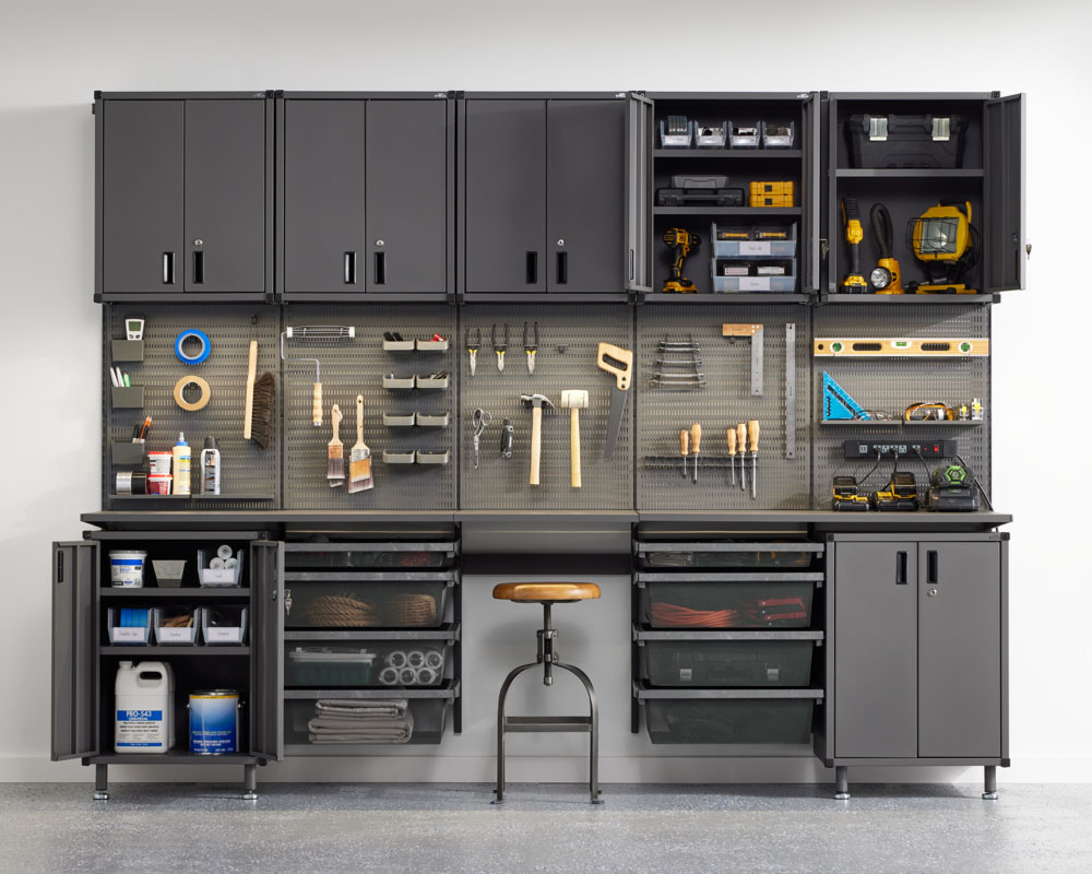 Garage+ By Elfa 10' Solution with Cabinets & Lighting