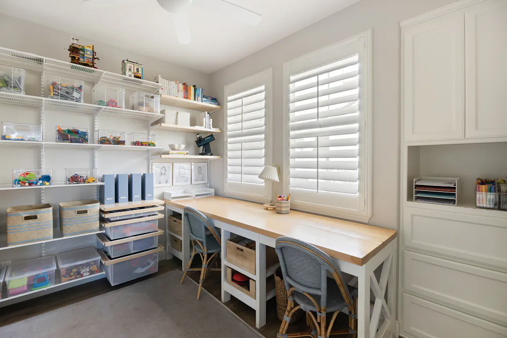 Nicole Beverly's Elfa playroom shelving and drawers