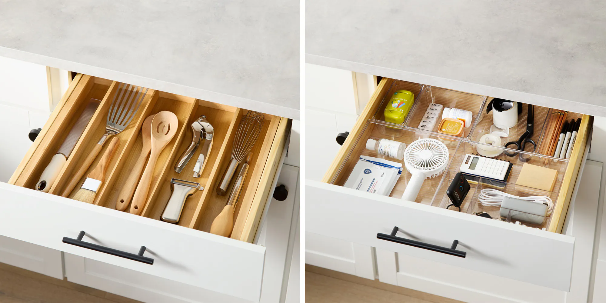 The two fully-organized kitchen drawers