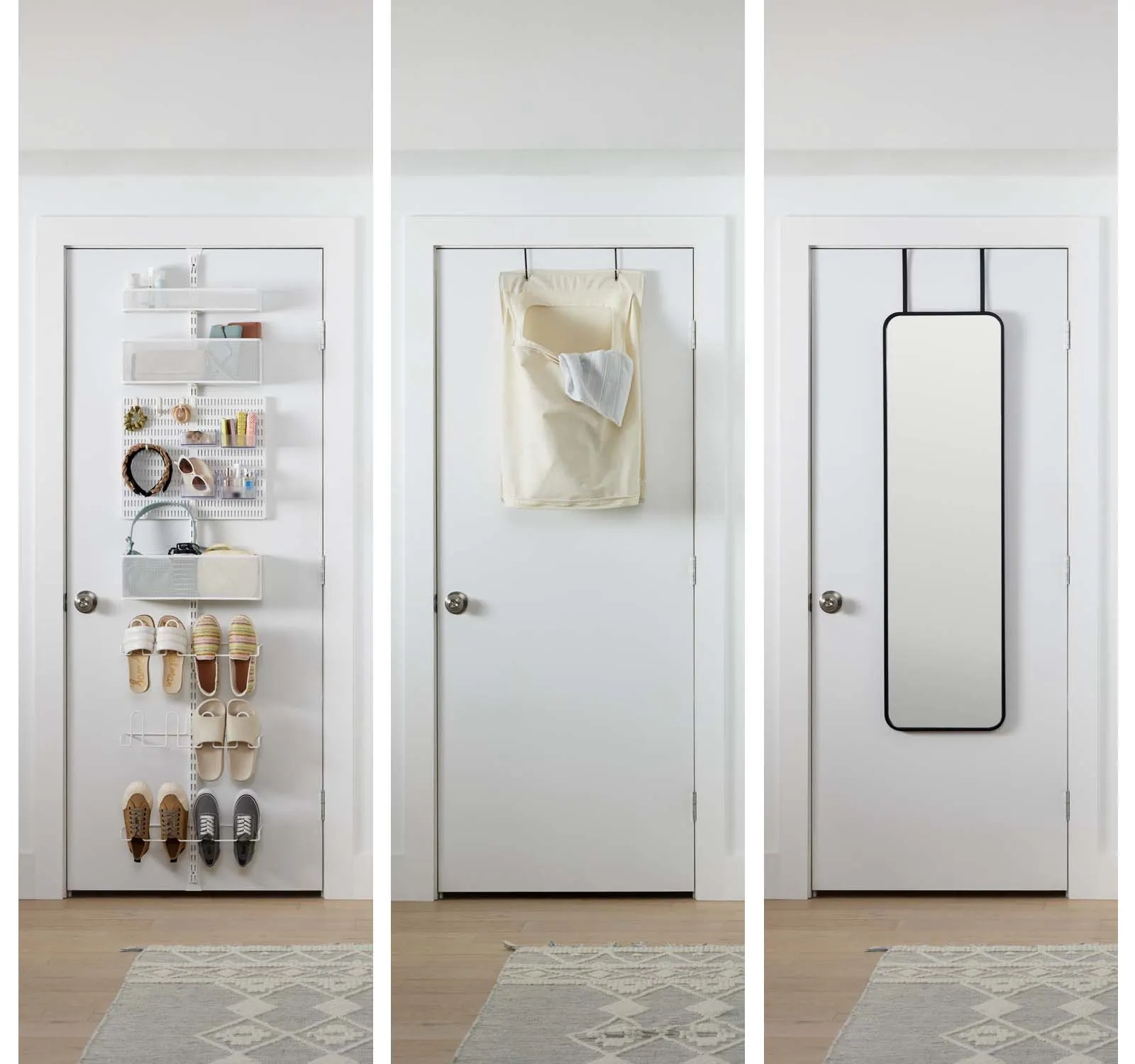 Dorm door storage options include Elfa Door Racks, overdoor hampers, and overdoor mirrors
