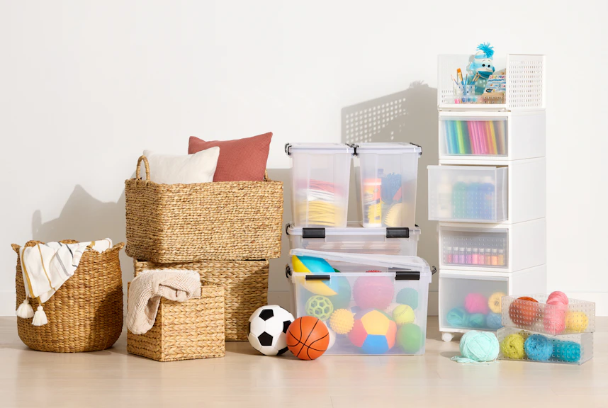 An assortment of storage baskets, totes, and drawers from The Container Store