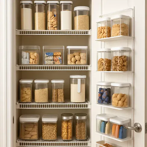 pantry with organization solution using clear canisters and wall mount for space saving