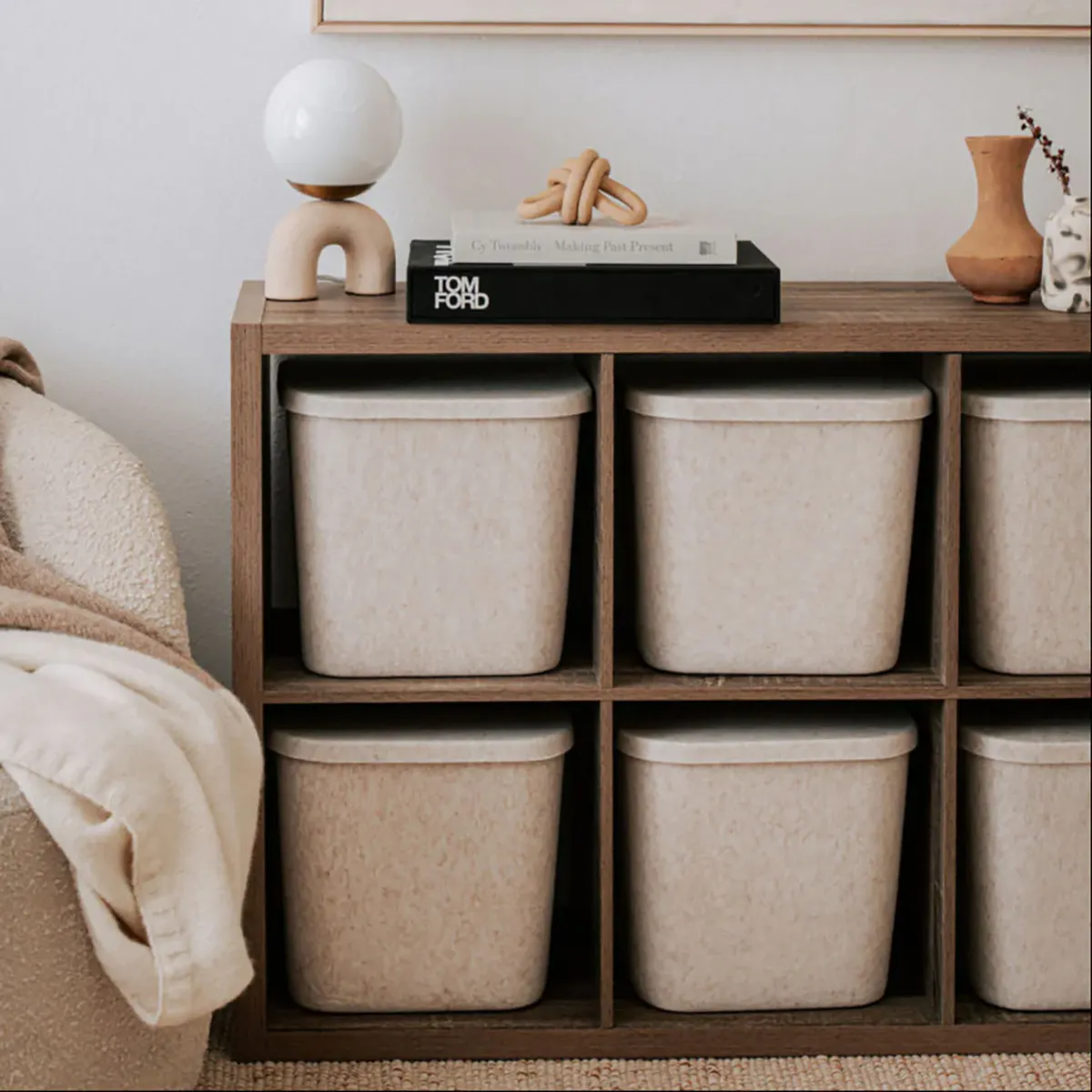 softjoy original sculpted bin with lid in stone