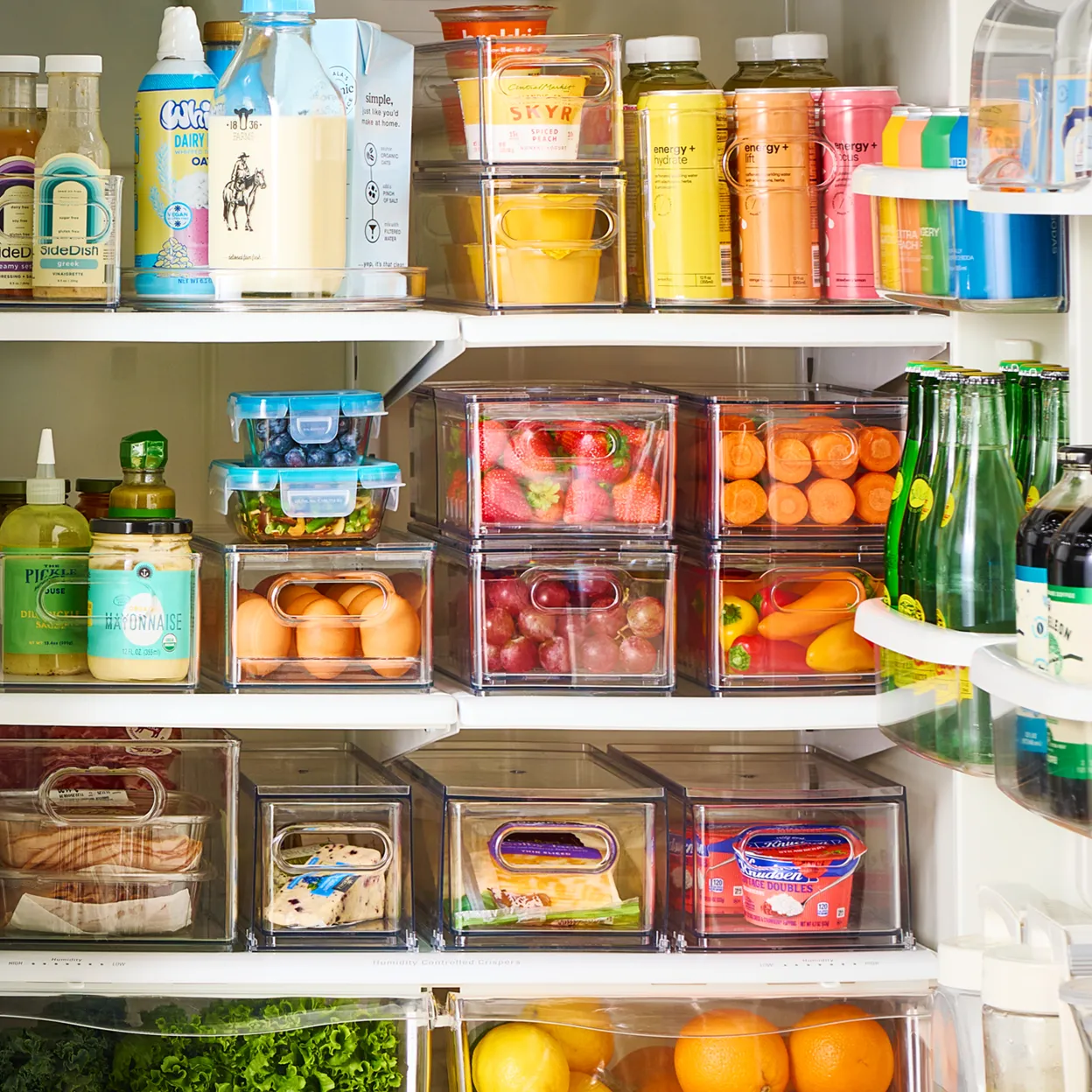 The Home Edit bins in a refrigerator