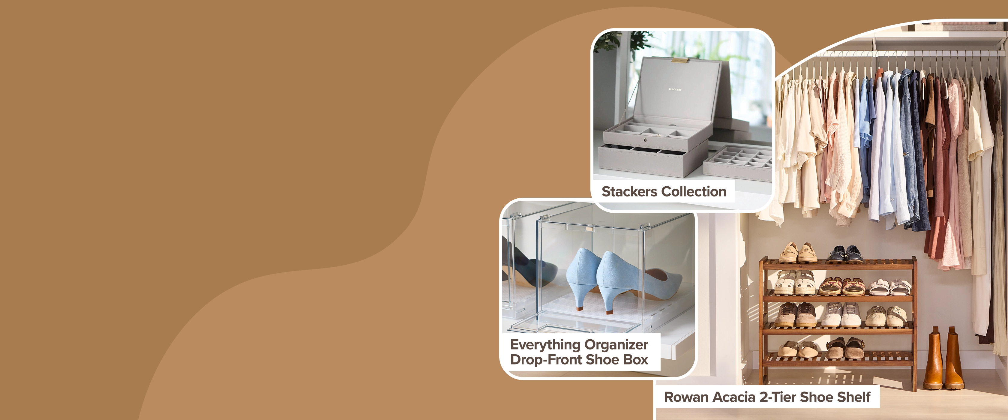 Stackers Collection, Everything Organizer Drop-Front Shoe Box, Rowan Acacia 2-Tier Shoe Shelf