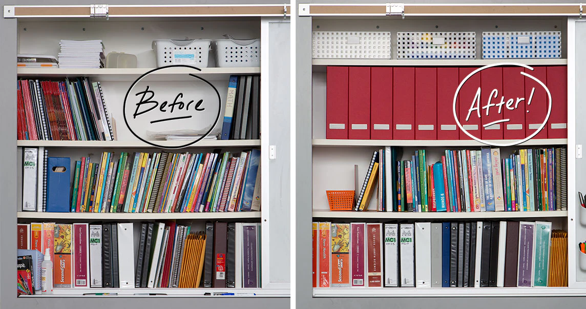 <p>Red Labeled magazine files organize student team binders for science. Now students are able to find their binder much easier. <a href="https://www.containerstore.com/blog/posts/a-organization">Get the details</a>. </p>