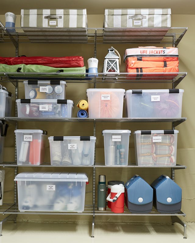 Basement storage shelves designed to perfectly fit 18-gallon bins.   Basement organization, Basement storage cabinets, Basement storage shelves