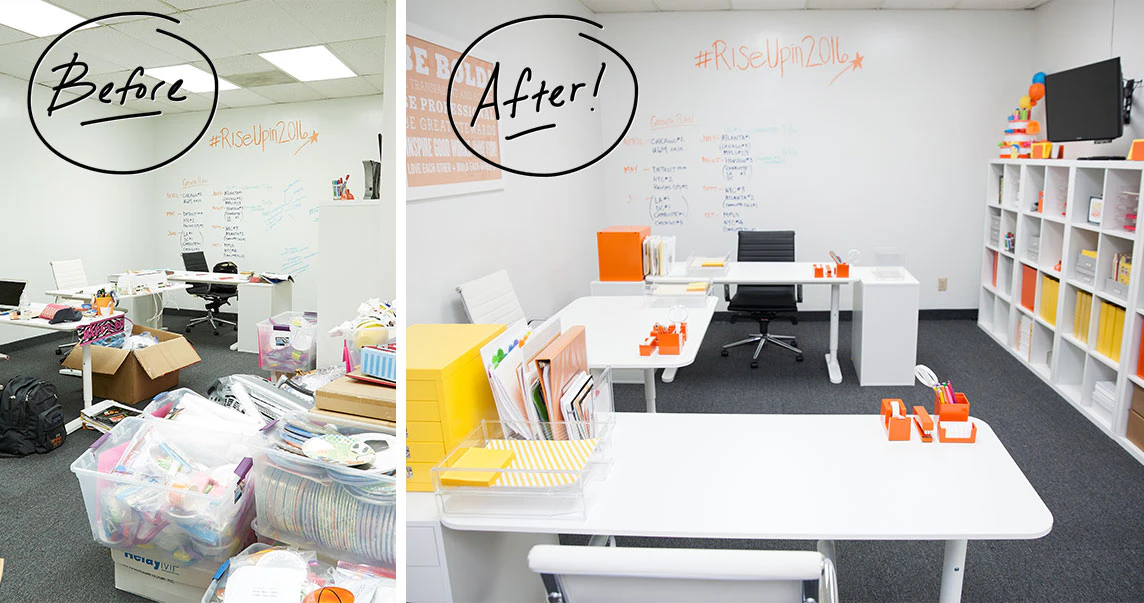 <p>An office space cluttered with supplies gets a total makeover. <a href="https://www.containerstore.com/blog/posts/Storage-Makeover-Worthy-Of-A-Party">Get the details</a>.</p>