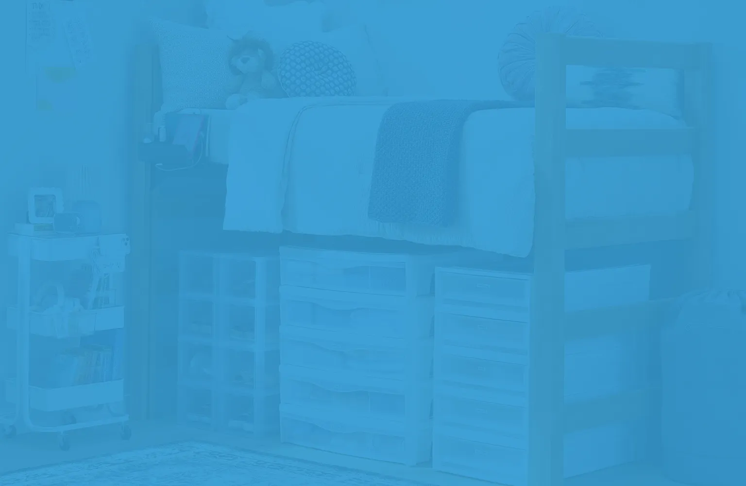 A college dorm room with a bright blue color overlay