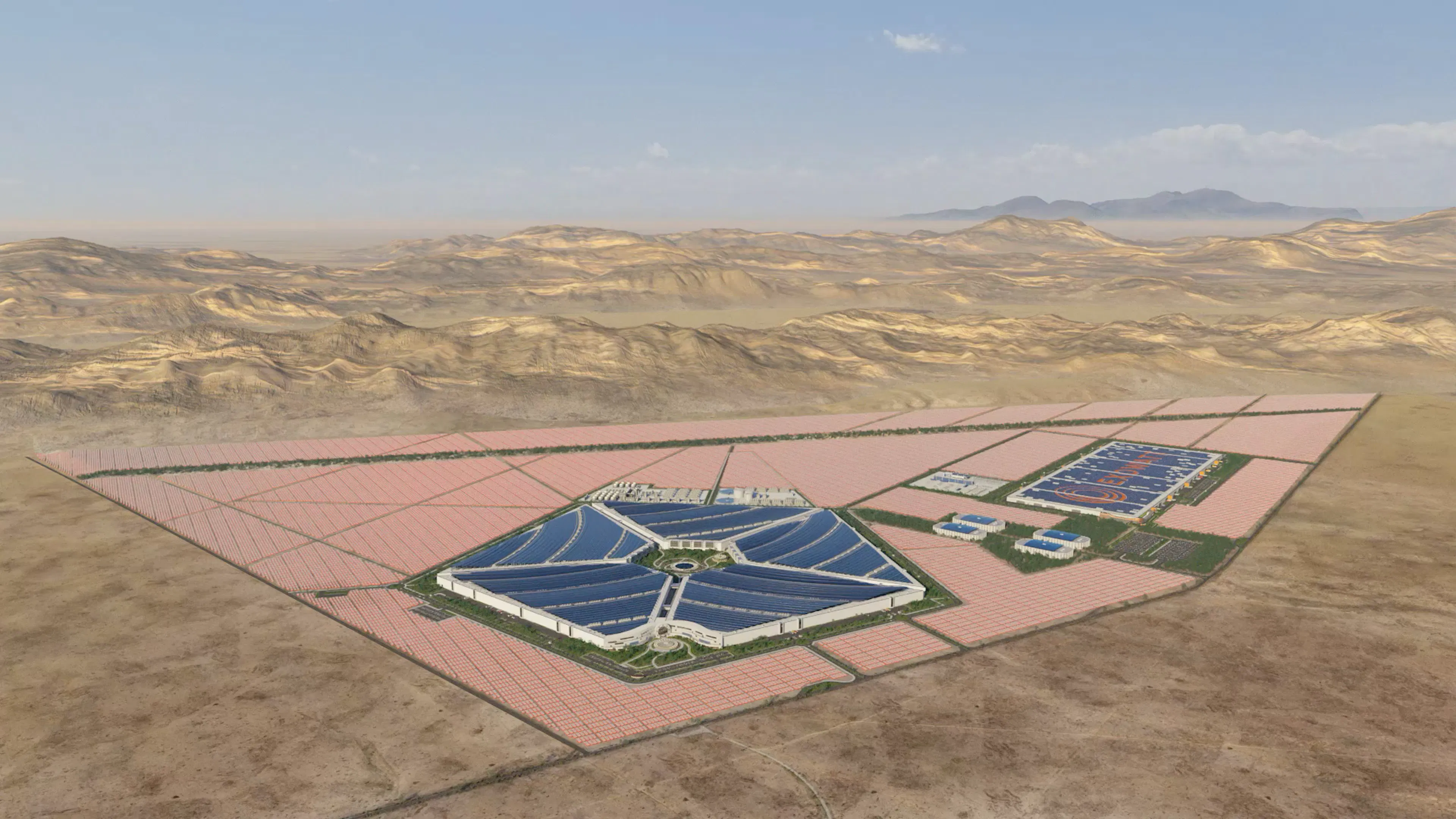 Rendering of an ExoRise campus in the desert, with a data center at the center surrounded by fields of P3 modules